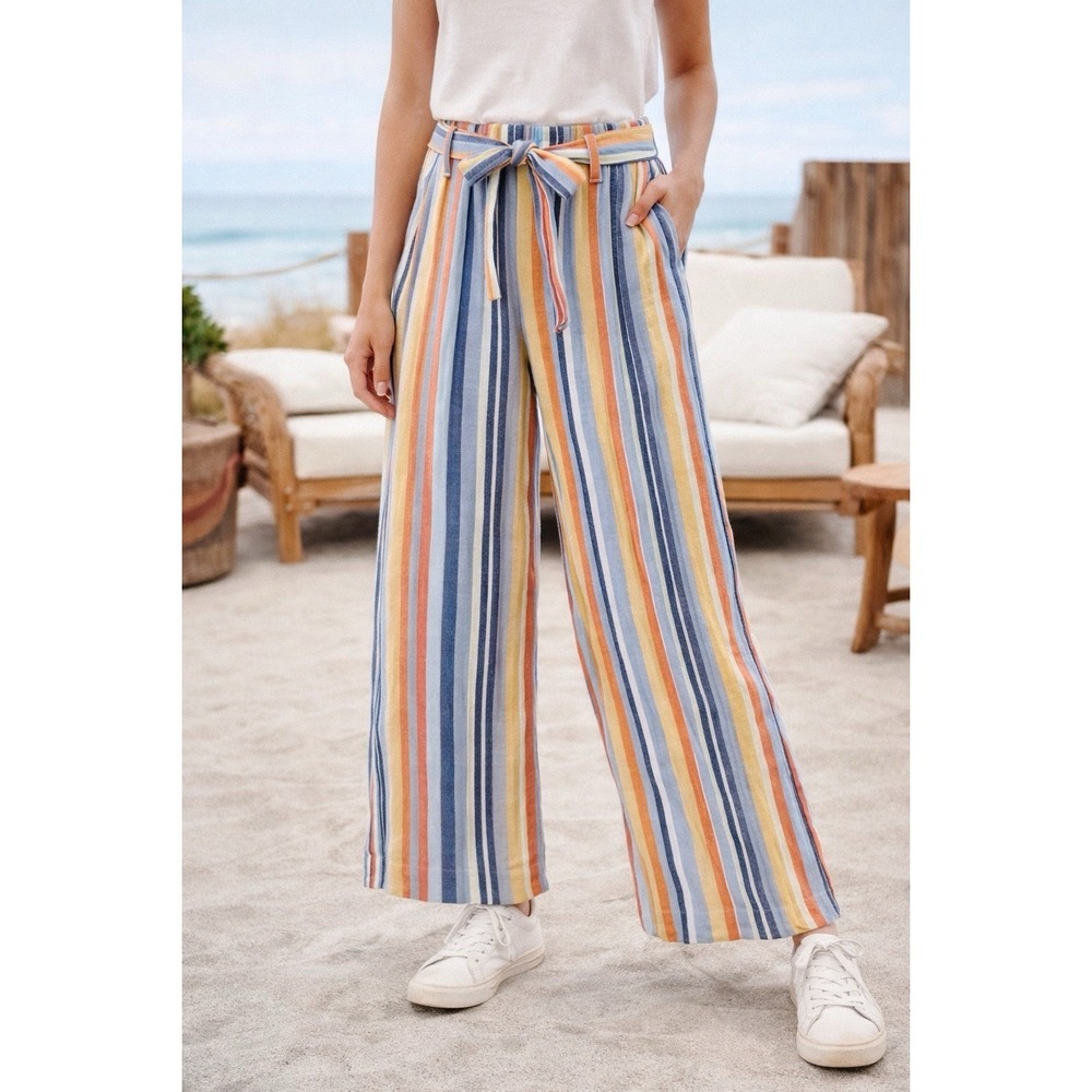 Laundry by Shelli Segal Linen Blend Palazzo Pants Striped Wide Leg Tie Waist M